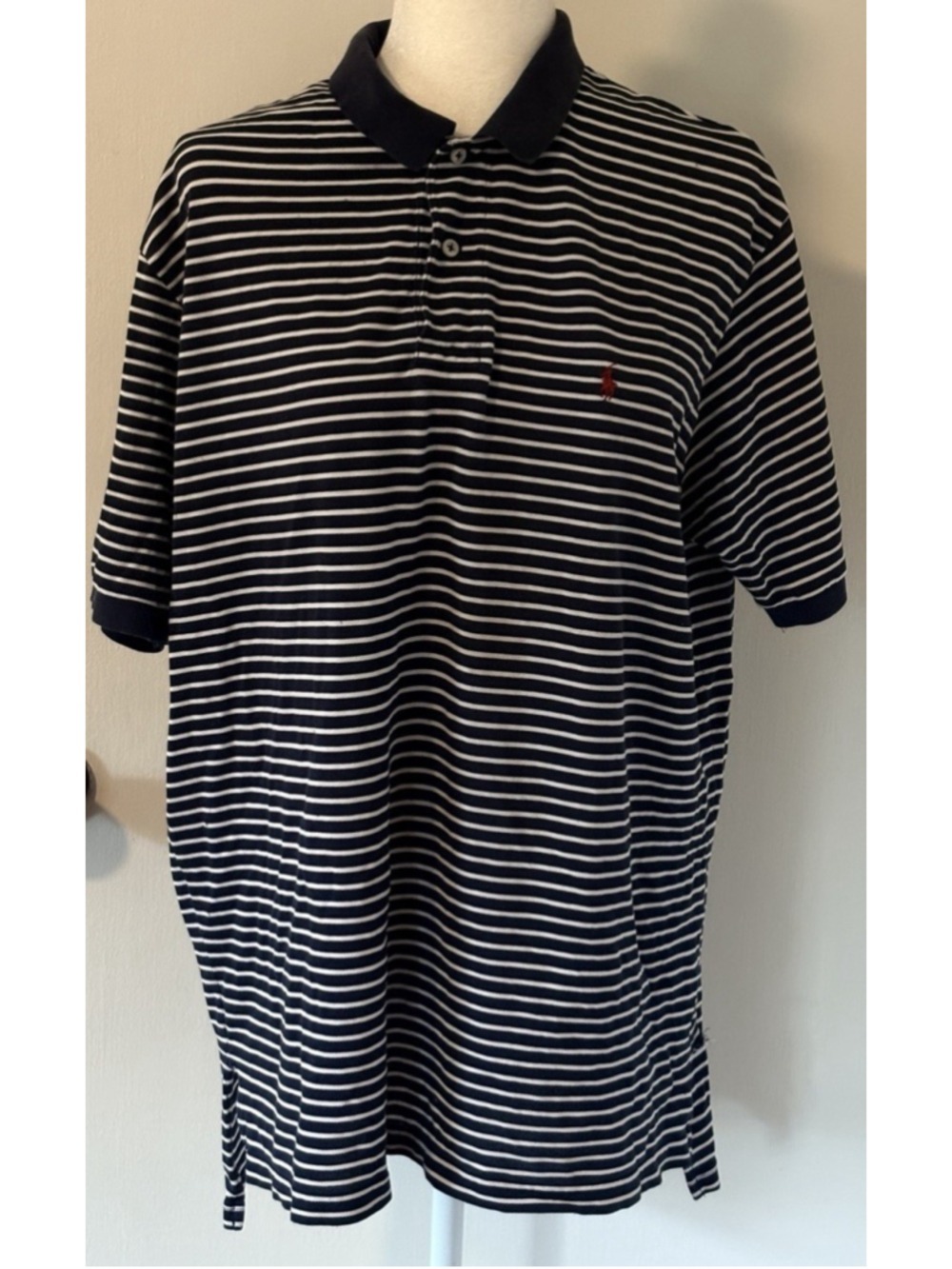 Vintage Polo Ralph Lauren Mens XL Navy Blue White Striped Polo Shirt Preppy Pony